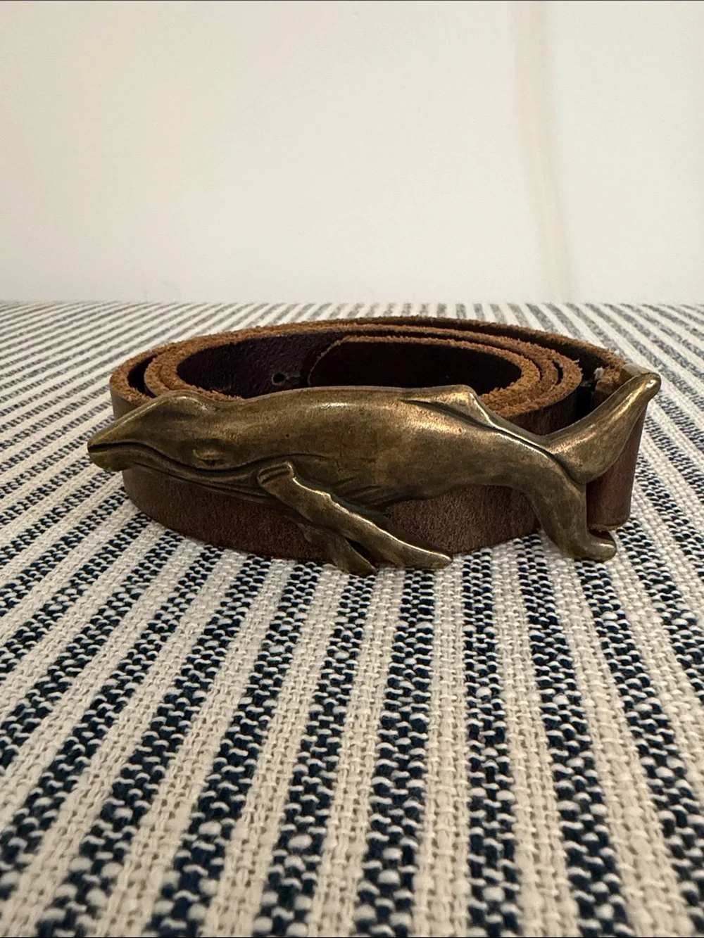 J Crew co. Vintage NYC Brown Leather Men's Belt with Whale Brass Buckle- medium